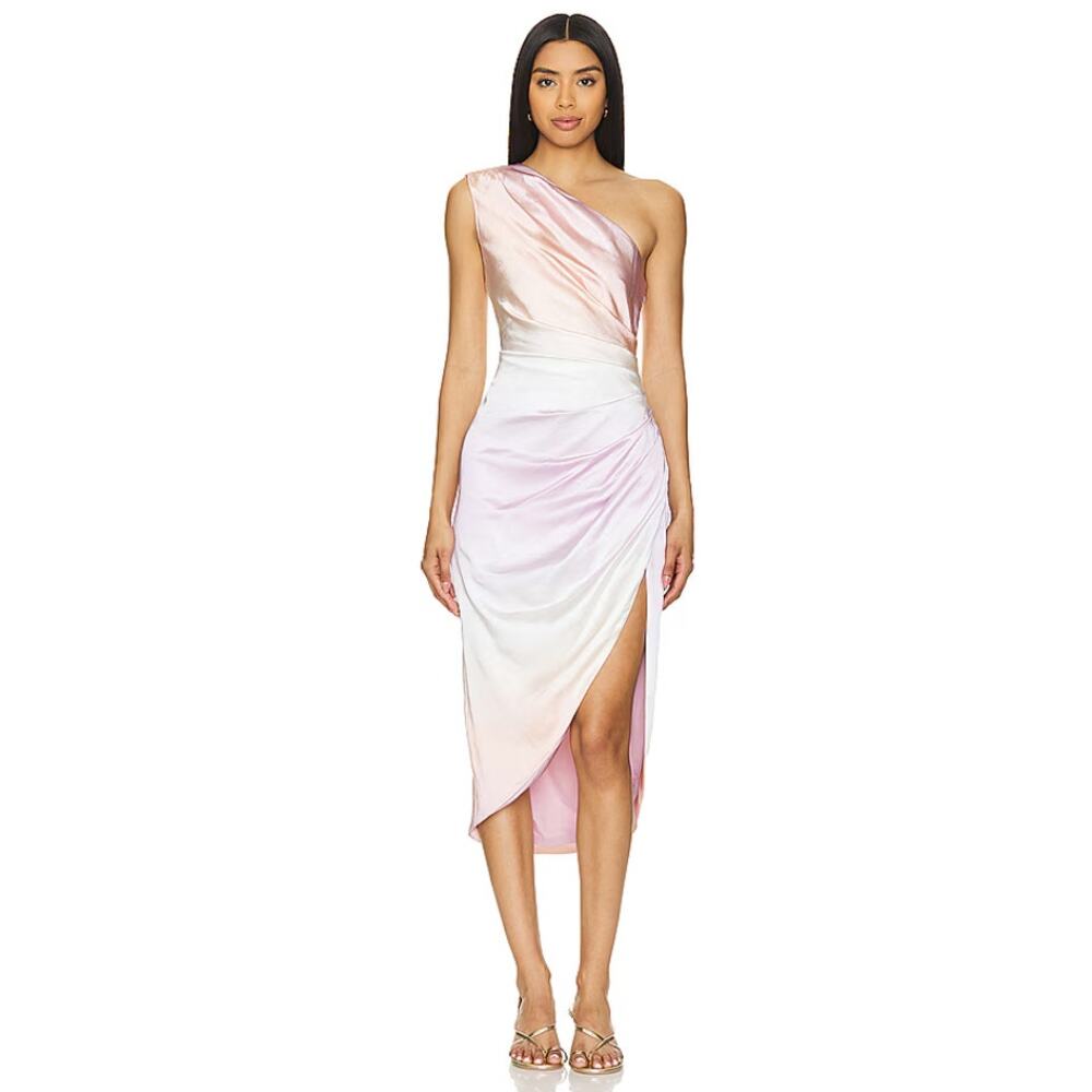 Elliatt Munich‎ One Shoulder Satin Midi Dress Women XL Blush Pink Slit Cocktail